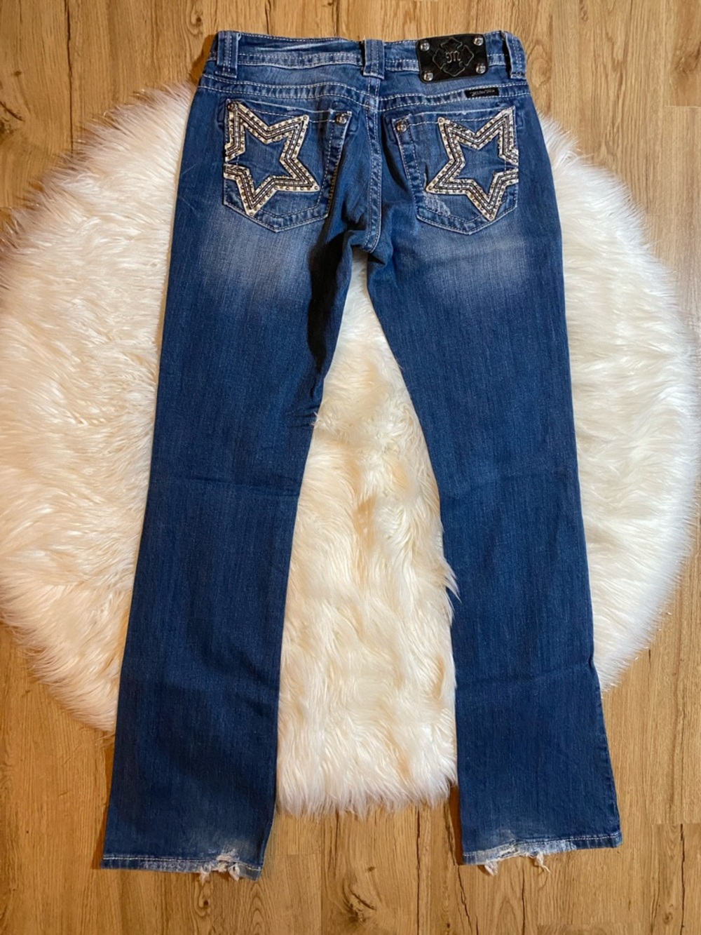 Miss Me 28 Classic Women's Blue Washed Straight-Leg Jeans distressed hem